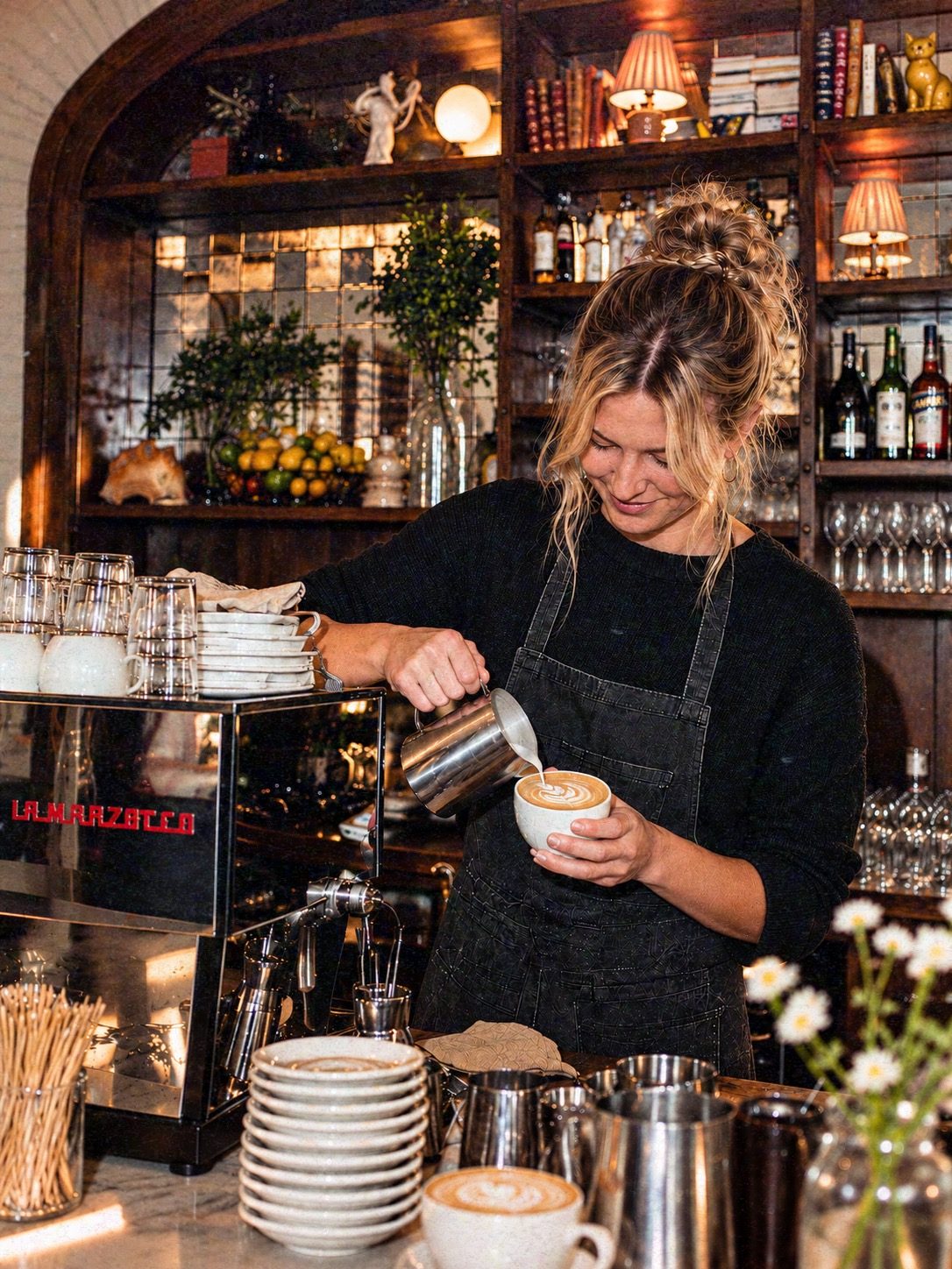 A barista pouring latte art at the espresso machine in front of warmly lit shelves
