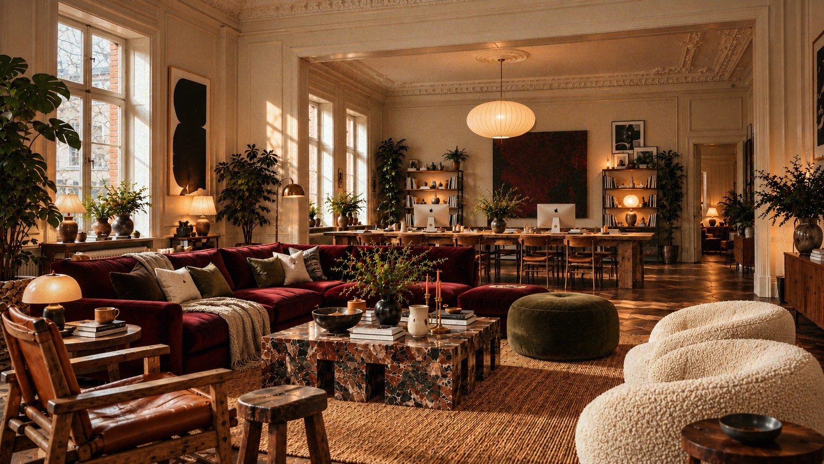 A sunlit lounge with a deep red velvet sofa, a mosaic coffee table and bouclé chairs, and a long work table under a paper lantern beyond