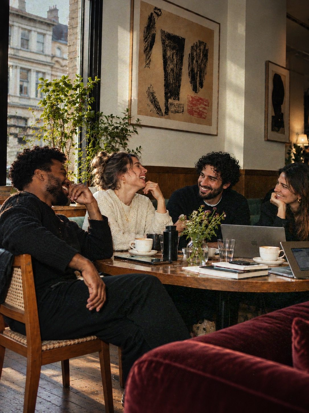 Four members laughing together around a table with coffee, laptops and flowers